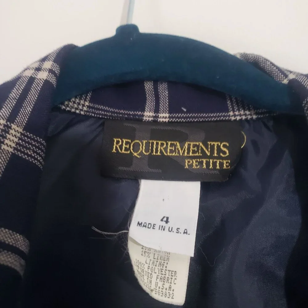 Vintage Requirements Womens Petite Navy Plaid Blazer Suit Jacket Equestrian Chic - Picture 4 of 5